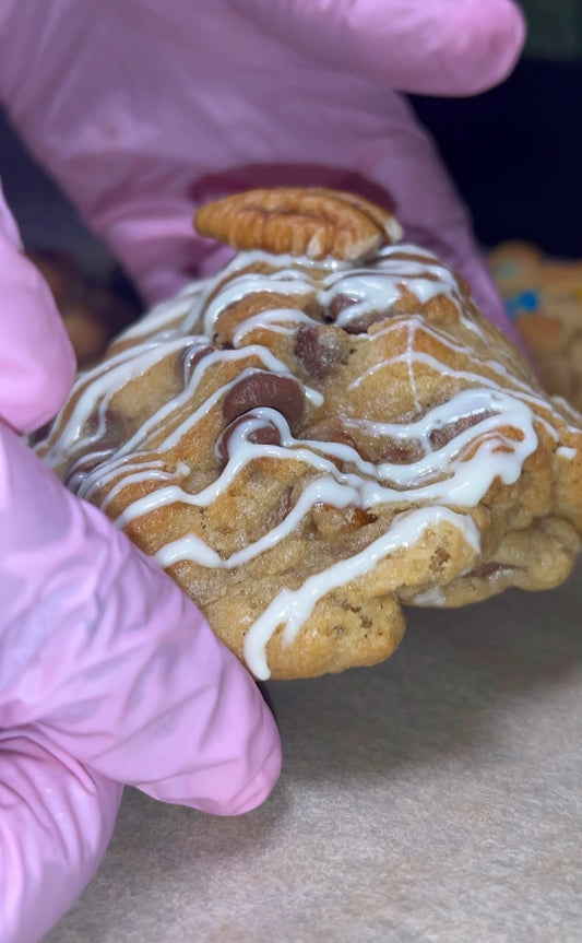 Best Chocolate Chip Pecan Cookies with Turtle Candy & White Chocolate Drizzle