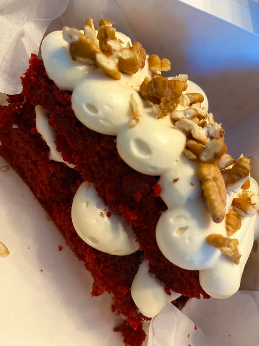 Red Velvet Stack – Moist Red Velvet Cake Squares Topped W/ Pecans & Cream Cheese Frosting